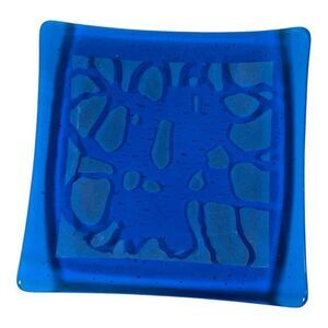 Fused Cobalt Glass Square Plate Blue Texture Trinket Soap Dish Jewelry Vintage